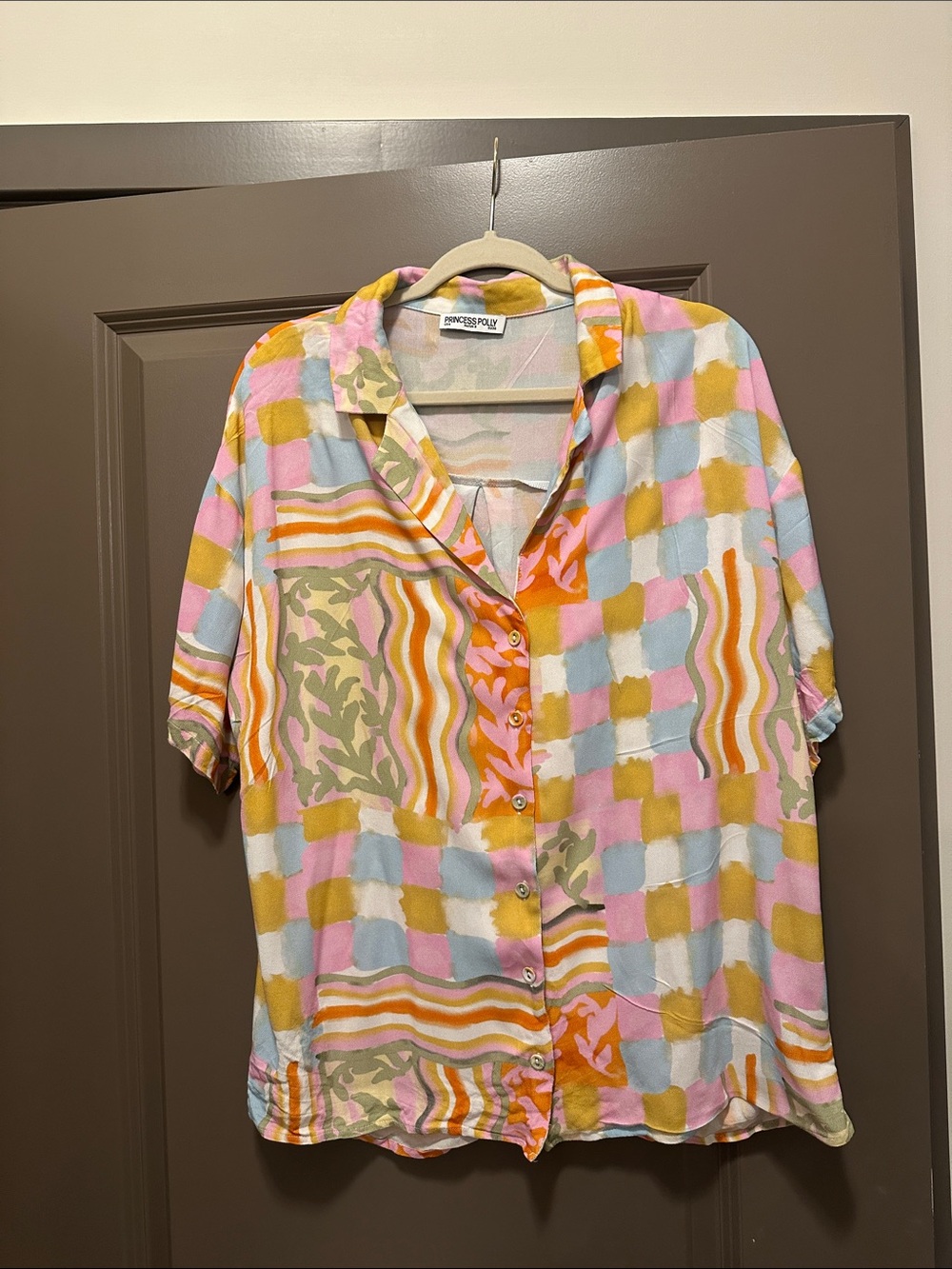 Princess Polly Pastel Patchwork Button-Up Shirt in Pink, Yellow, Blue, Green